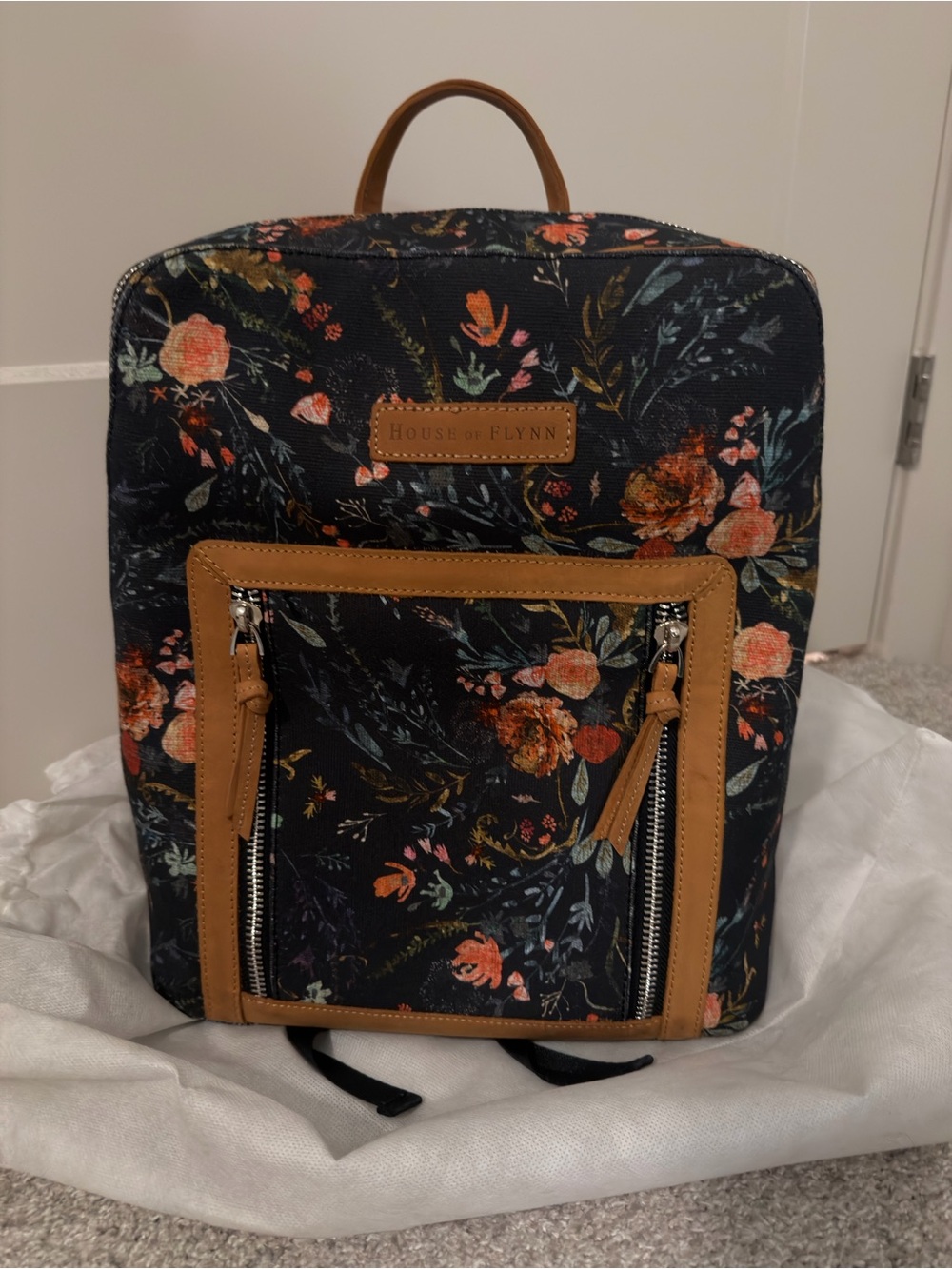 House of Flynn Floral Canvas Olivia Backpack in Black